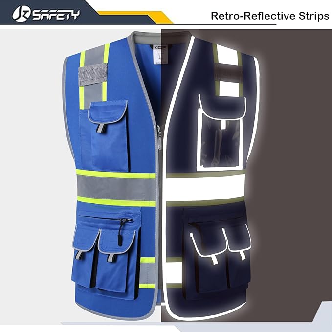 JKSafety 10 Pockets Hi-Vis Zipper Front Fluorescent Blue Safety Vest | Cushioned Collar | High Reflective Tapes with Extended Neon Yellow Strips | Meets ANSI/ISEA Standards (3X-Large, 89-Blue)