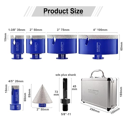 SHDIATOOL Diamond Drill Core Bits,Tile Drilling Core Hole Saw Cutter for Porcelain Marble Ceramic Granite with SDS Plus Adapter 8pcs(20/25/35/50/75/100/2inch/SDS)