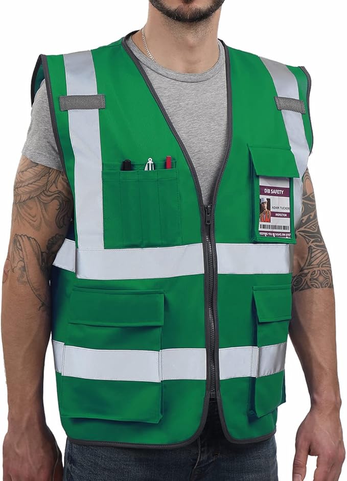 Dib Safety Reflective Vest High Visibility with Pockets and Zipper, Green 2XL