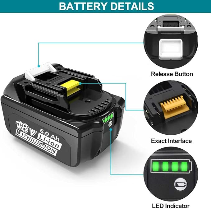 2Pack 6000 mAh 18V Long-Lasting Lithium Battery Replacement for Makita 18V Battery BL1860B BL1850B BL1815 BL1840B BL1815, Compatible with makita 18V Charger and Cordless Power Tool