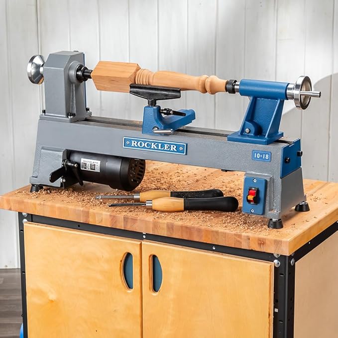 10x18” Mini Lathe Machine - Sturdy Cast-Iron Made Wood Lathes - Adjustable & Secured Woodturning Tools for Small to Medium-size Projects - Non-Slip Wood Lathe Accessories for Legs, Handles & Decor