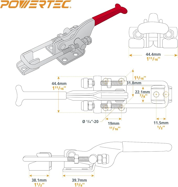POWERTEC 4PK Toggle Clamp Set, 375 lbs & 700 lbs Holding Capacity, J Hook and Self-Lock U-Bolt Adjustable Latch for Smoker, Tool Box, Woodworking Jigs and Fixtures, Cabinet, Lids, Door, Truck (20345)