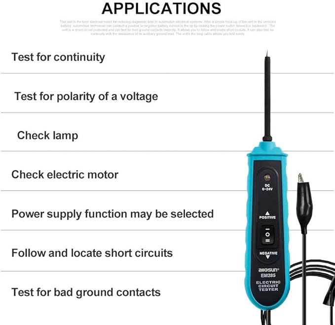 allsun Professional Automotive Circuit Tester,Short Circuit Finder with Buzzer Alarm & LED Light, 6-24V Power Detector Probe with Overload Protection, 5m Cable for Car DIY Repair