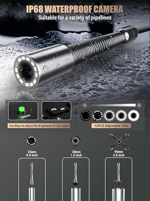 Anysun Sewer Inspection Camera Self-Leveling 512Hz Sonde Meter Counter, Built-in Microphone & Speaker, 1080P 9" IPS Monitor, IP68 Waterproof Endoscope Camera with DVR, 230Ft Harder Cable(16GB TF Card)