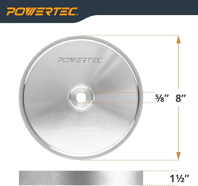 POWERTEC CBN Grinding Wheel 8 Inch 320 Grit, 1-1/2" Wide, 5/8" Arbor – Bench Grinder Sharpening Wheel for HSS Tools, Lathe Chisels, and Woodturning Tools (15705)