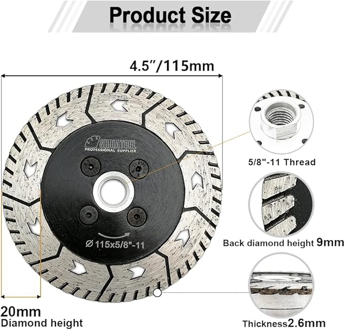 SHDIATOOL 4-1/2-Inch Diamond Cutting Disc, Granite Turbo Cutting Wheel, Saw Blades Two-in-One Design Cut Grind Sharpen Marble Concrete and Bricks