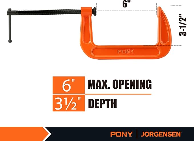 Pony 6-in C-Clamp Set, Clamps for Woodworking,1000lbs Load Limit, 2660 C-Clamp, Ideal for most DIY, Woodworking and Household Clamping Projects-2 Pack