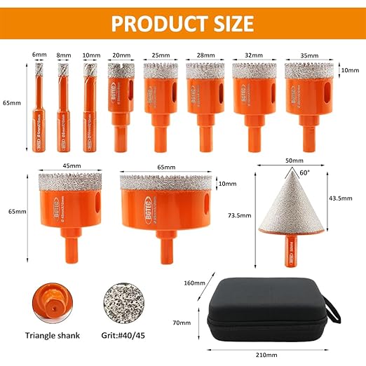 Diamond Core Drill Bit Kit BGTEC Diamond Hole Saw Tile Cutter,Triangle Shank 10pcs 6/8/10/20/25/28/32/35/45/65mm Drill Bits+1pc 2" Hex Shank Chamfer Bit