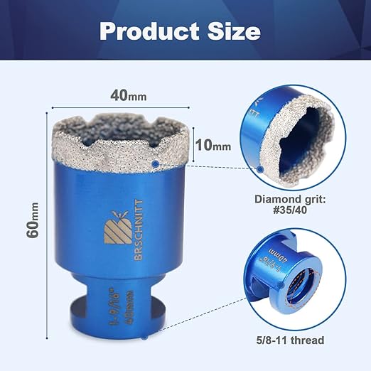 1-3/5 Inch Diamond Core Drill Bit for Porcelain Tile Ceramic Marble Granite Drilling,BRSCHNITT 1pc Vacuum Brazed Diamond Hole Saw with 5/8-11 Thread (40mm)