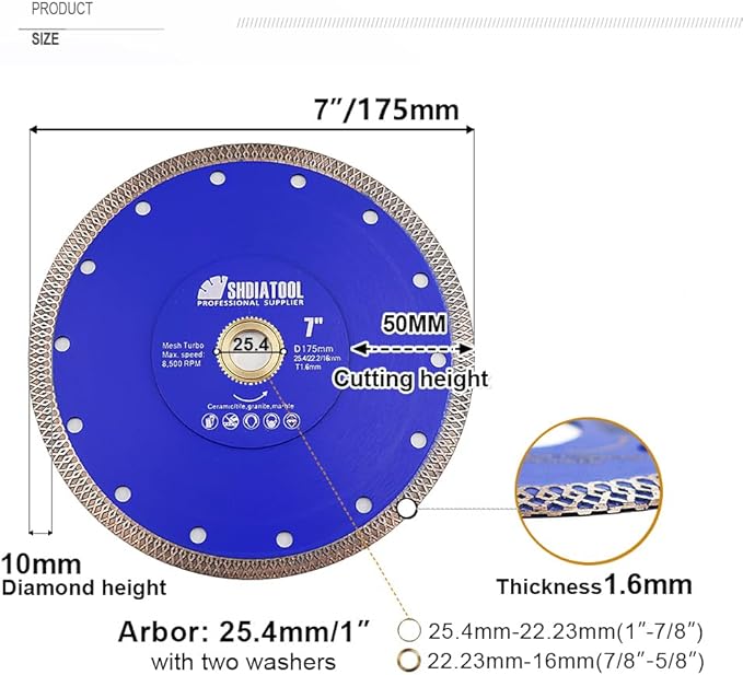SHDIATOOL 7 Inch Diamond Saw Blade Cutting Disc for Porcelain Tile Ceramic Granite Marble Brick 180mm