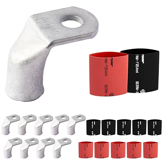 SELTERM 10pcs - 4/0 AWG 3/8" Stud - 90° Bent Battery Lugs - Ring Terminal Connectors with 12pcs 3:1 Black & Red 1" Heat Shrink Tubing - Heavy Duty Battery Cable Ends - Tinned Copper Wire Connector Kit