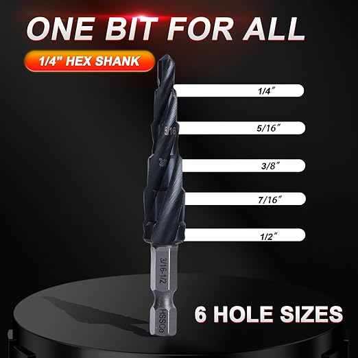 Step Drill Bits M35 Four Spirl Flute Cobalt Step Drill Bits Set 3/16"-1/2" （6 Sizes ） Wear-Resistant TiAlN Coated,1/4" Hex Shank Drill for Metal, Stainless Steel, Aluminum, Plastic