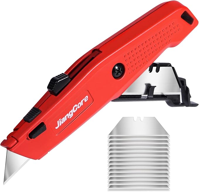 Premium Utility Knife with 14 Blades - Heavy Duty Retractable Work Knife, Precision Cutting for DIY, Cardboard, Packaging - Ergonomic Grip & Quick-Release Design