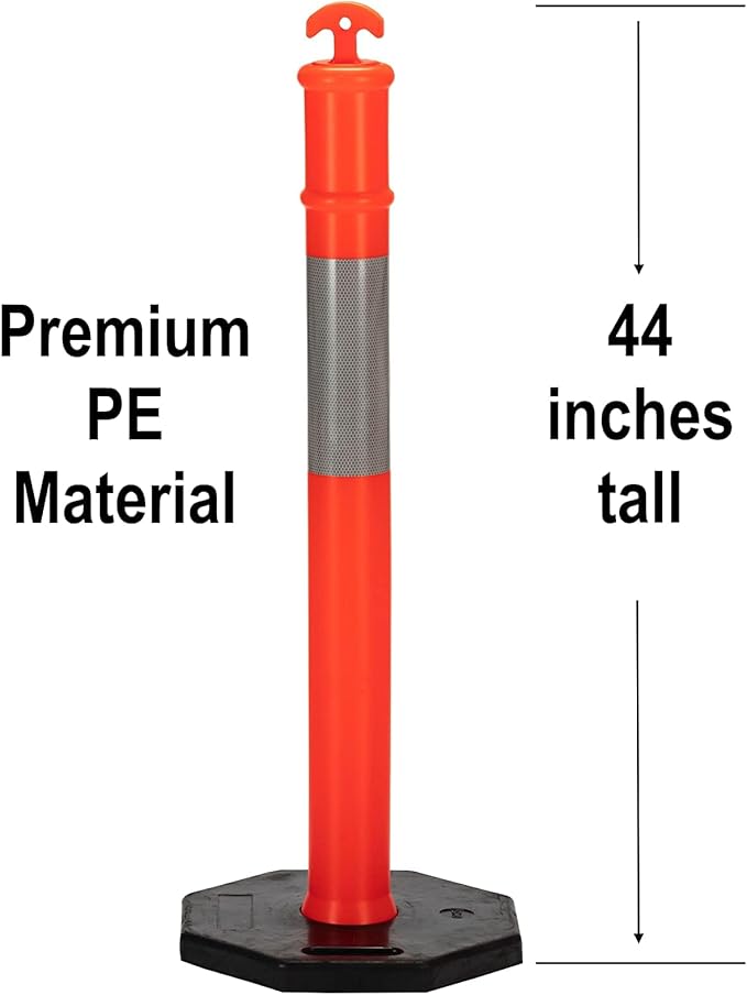 CJ Safety 44" Orange PE Delineator Post Cone, 44" Height Post, 10 lbs Recycled Rubber Black Base, 10" Reflective Band (Set of 6)