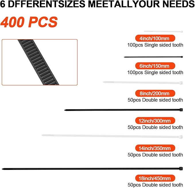 Zip Ties Assorted Size,4+6+8+12+14+18 Inch Double Sided Toothed,100 LBS Tensile Strength Heavy Duty Cable Wire Ties With Self-Locking Adjustable Durable Nylon Tie Wraps for Indoor Outdoor（400 Pack）