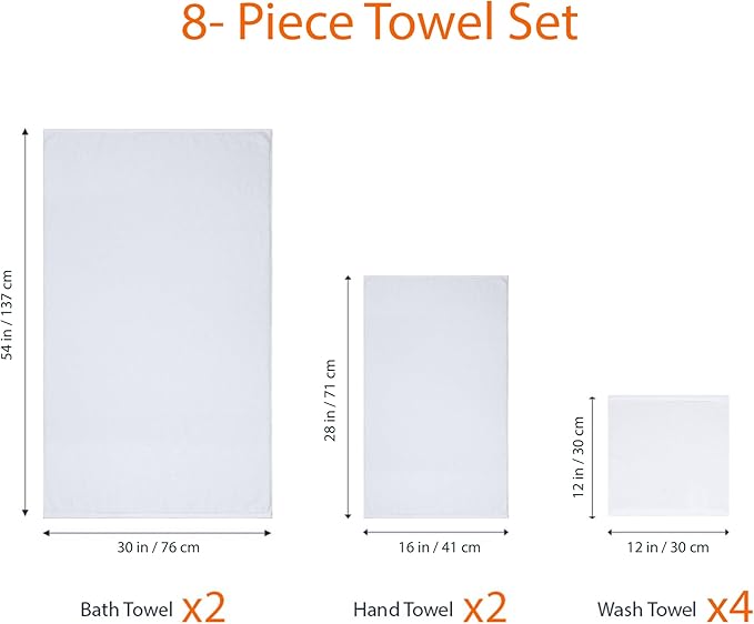 Amazon Basics 100% Cotton Soft Quick-Dry Bath Towel Set, 8-Piece, White, 10" x 7"