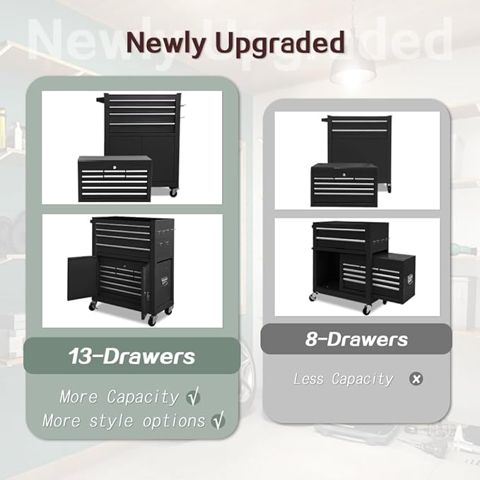 Tool Chest 13-Drawer with Double Door Handle,2 in 1 Detachable Rolling Tool Chests with Wheels and Drawers,Large Tool Box with Lock (Black)