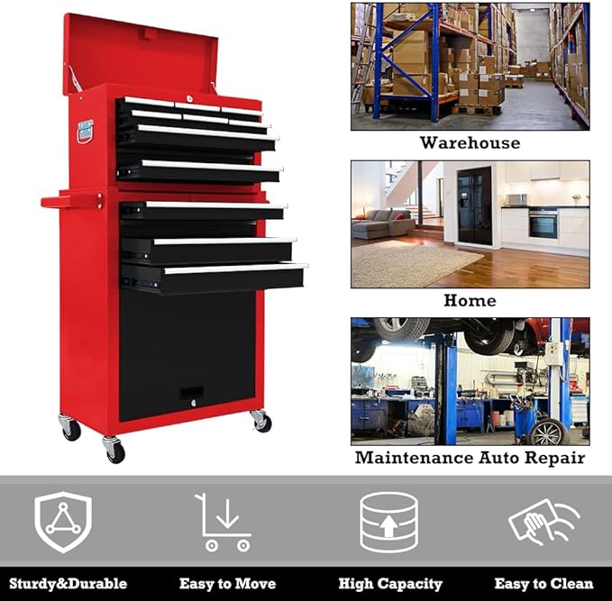 Kirmoasl 13-Drawer Rolling Tool Chest,Large Tool Chest with Wheels,2 in 1 Detachable Tool Chests,Portable Tool Storage,Locking Mechanic Tool Box for Warehouse,Garage (Red&Black)
