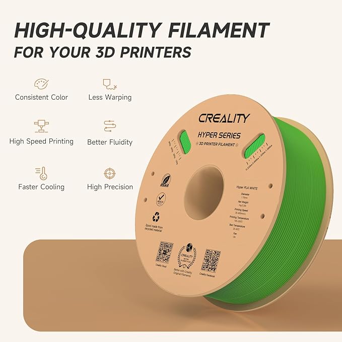 Official Creality Hyper PLA Filament 1.75mm, High Speed PLA 30-600mm/s 3D Printer Filament, Dimensional Accuracy +/-0.02mm, Fit Most FDM 3D Printers，1KG(2.2lbs) Spool Green