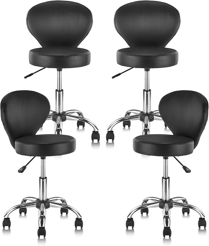 Set of 4 PVC Faux Leather Rolling Swivel Salon Stool Chair with Wheel Back Lumbar Support Seat Height 22 in Diameter 15 Inch Adjustable Hydraulic Chair for Office Massage Facial Spa 4 Pack