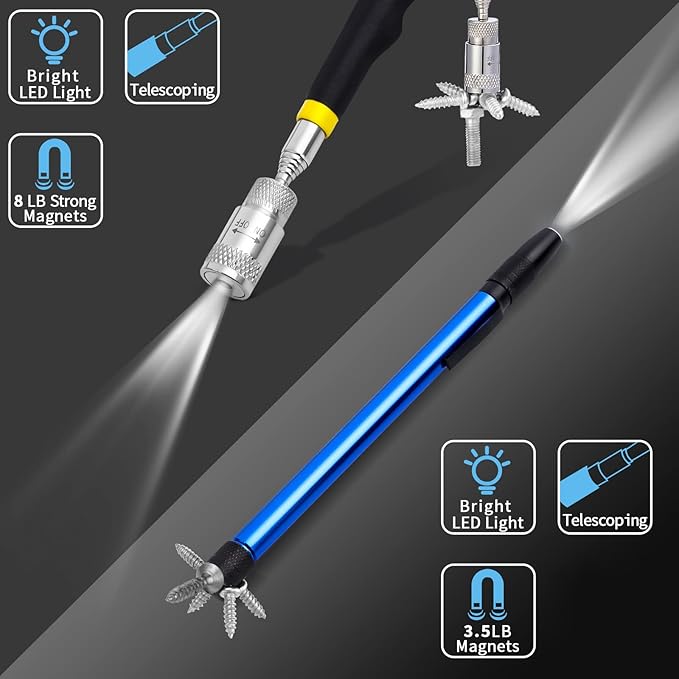 5 Pieces Telescoping Magnetic Pickup Tool Set, 1.5LB 15LB Pick-up Rod, 3.5LB 8LB Tools with LED Light, 10LB 360° Swivel Picker, Strong Magnet Stick Kit for Men Father Gift