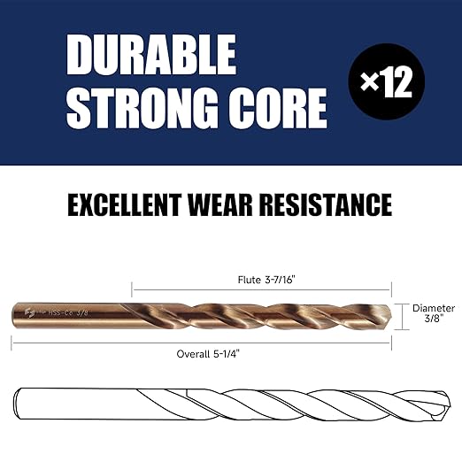 12pcs 3/8" Cobalt Drill Bits, M35 Drill Bits for Metal, Stainless Steel, Cast Iron, Wood, Plastic, Fully Ground from Pro Edge Technology
