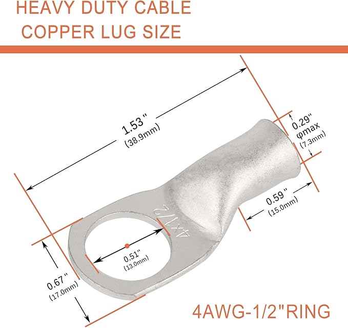 10pcs 4 AWG-1/2(M12) Tinned Copper Ring Terminals Battery Lugs, Heavy Duty Wire Lugs, Battery Cable Connectors