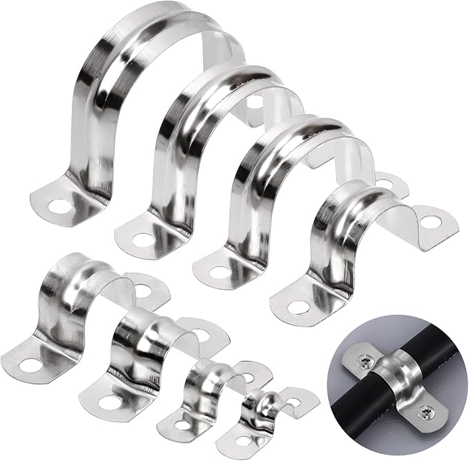 Glarks 50Pcs M8 Pipe Strap Clamp, 304 Stainless Steel 2 Hole Strap Heavy Duty Rigid Pipe Strap U Bracket Tube Strap Cable Clamp Hanger Tension Tube Clip for Pipe Tube Cable Fixing (25mm (1"))