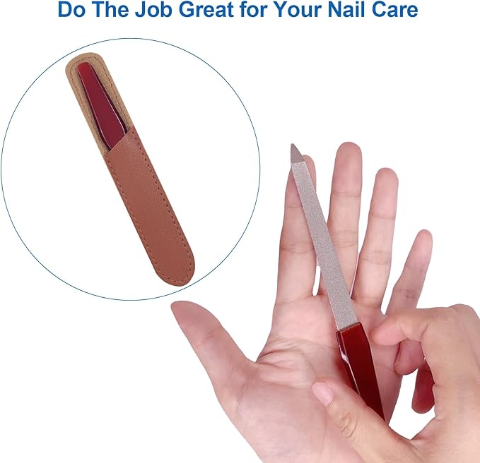 3 Pack Metal Nail File with Sharp Pointed Tip and Leather Sheath Case for Natural Nails, 5 Inches Fingernail Files Stainless Steel Manicure Double Sided Sapphire Grit Nail Filer Silver Brown