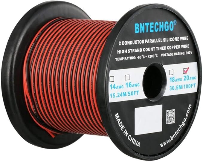 BNTECHGO 20 Gauge Flexible 2 Conductor Parallel Silicone Wire Spool Red Black High Resistant 200 deg C 600V for Single Color LED Strip Extension Cable Cord,Model,100ft Stranded Tinned Copper Wire