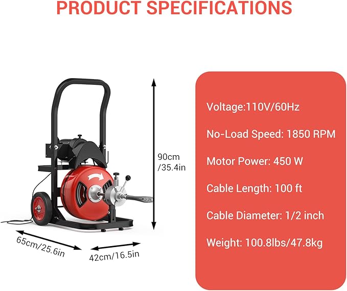 Electric Drain Cleaning Machine 75Ft 1/2 Inch, 450W Auto Feed Portable Sewer Snake, Drain Auger with 6 Cutter and Air-Activated Foot Switch for 2"–4" Pipes