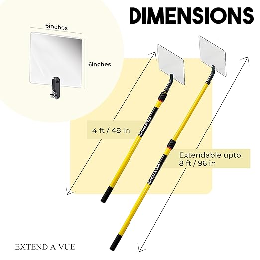 Telescoping Inspection Mirror - Standard Fiberglass, Lightweight & Durable, 4 ft - 8 ft Pole, 6 x 6 inch Acrylic Mirror