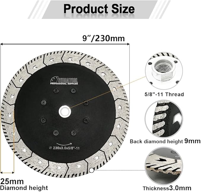SHDIATOOL 9 Inch Granite Turbo Cutting Blades Two-in-One Design Cut Grind Sharpen Marble Concrete and Bricks(2-Pack)