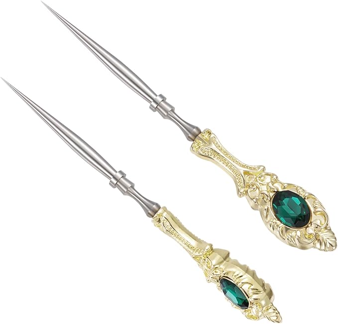 2Pcs Metal Embroidery Awl Set, European Vintage Carved Handle Scratch Awl, Sharp Sewing Awl Tool for Sewing with Storage Cases, Durable and Leather Punch Stitching DIY Craft(Light Gold)