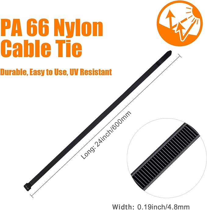 Black Zip Ties 100 Pcs,TDEBSSY 24in Long 70lb Heavy Duty Cable Ties 4.8mm Wide Self Locking Nylon Zip Ties UV Resistant Strong Wire Ties with 32 kg Tensile Strength (24in/70lbs)