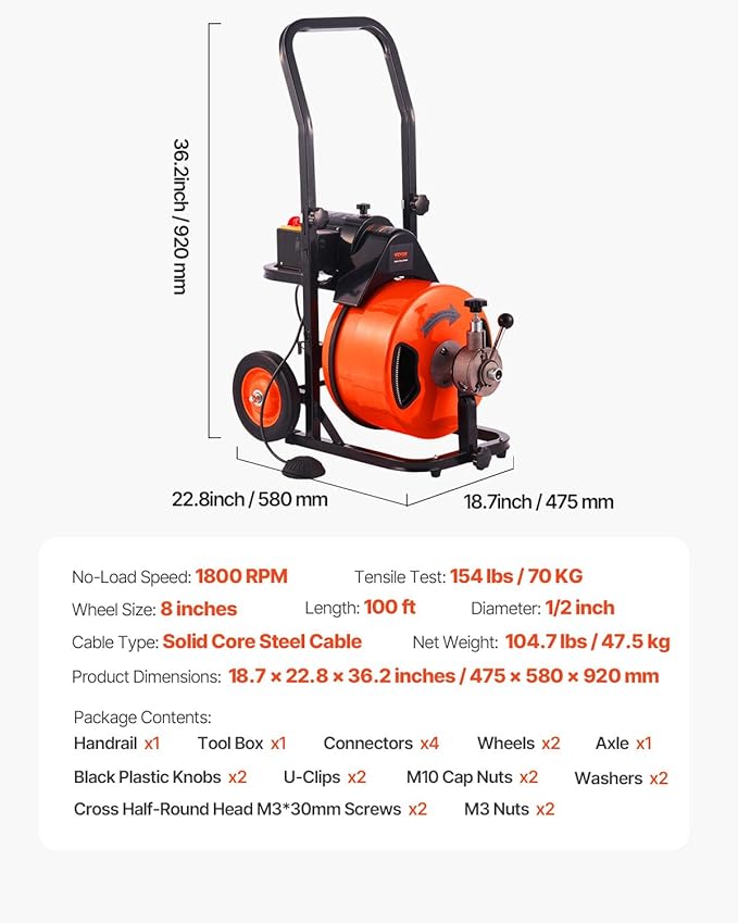 VEVOR 100 FT x 1/2 Inch Drain Cleaner Machine, Sewer Snake Auger Auto Feed with 4 Cutter & Air-activated Foot Switch for 2" to 4" Pipes, Orange, Black