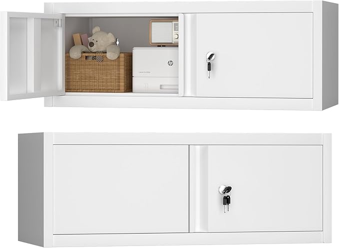 GREATMEET 13" H Metal Cabinets with Doors and Shelves, Metal Wall Cabinet with Lock, Wall Storage Cabinet for Living Room, Kitchen, White