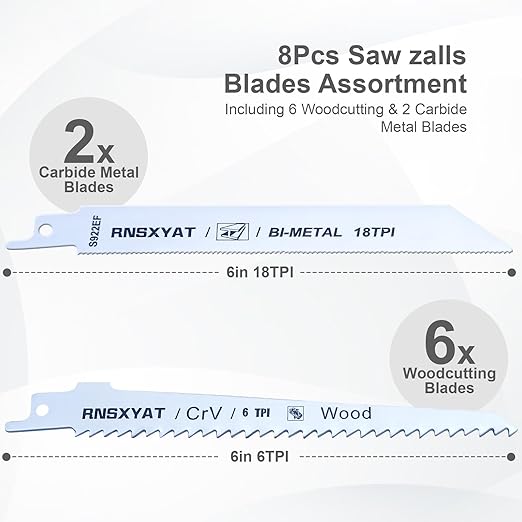 8PCS Reciprocating Saw Blades for Wood Pruning, Including Premium 6Pcs Woodcutting & 2Pcs Carbide Metal Blade with Storage Case (6in 6TPI + 6in18TPI) by RNSXYAT
