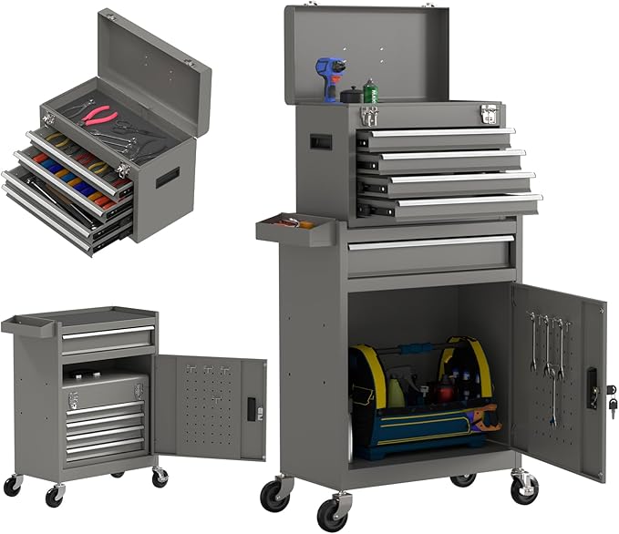 5 Drawer Tools Chest, Tool Cabinet with Universal Lockable Wheels，Tool Box with Detachable Top Box for Workshop (Gray)