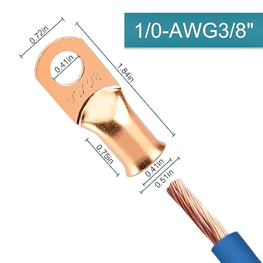 8PCS Battery Cable Ends, 1/0 Gauge Wire Connectors 3/8 Copper Wire Lugs, Bare Copper Eyelets with Heat Shrink Tubing by HOUSUN