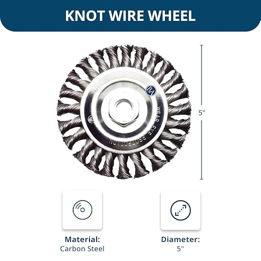 Benchmark Abrasives 5" x 1/2" Standard Twist Knot Wire Wheel with 5/8"-11 Thread, for Weld Cleaning, Weld Spatter Removal, Deburring, Use with Angle Grinders - Carbon Steel (5" x 1/2")