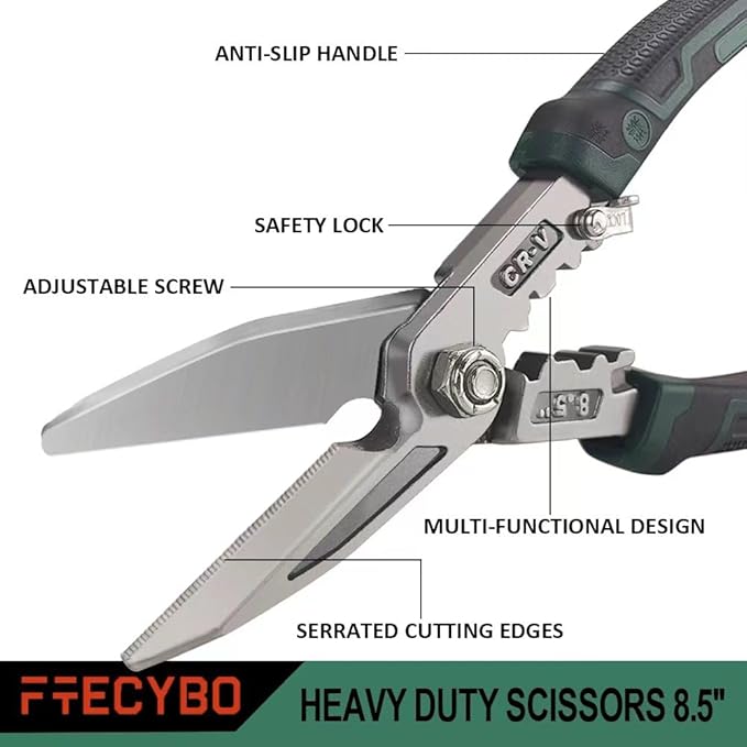 Heavy Duty Industrial Scissors 8.5'', Utility Sharp Aviation Tin Snips, Finely Serrated CR-V Blades with Safety Lock, for Cutting Wires, Cardboard, Plastic, Carpet, Metal Sheet
