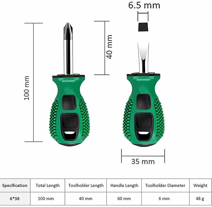 Buspoll Rubber Anti-Skid Handle Stubby Screwdriver Set, 6mm x 38mm Slotted/Phillips, Magnetic Head