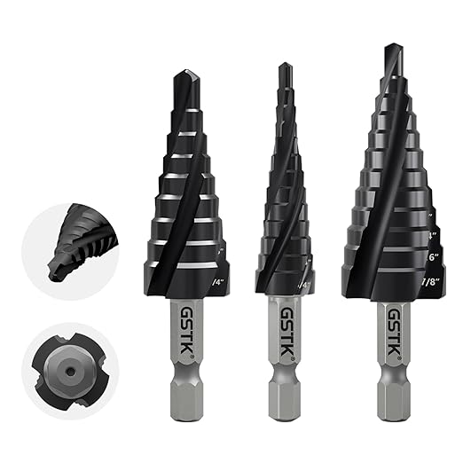 GSTK Pro Max 3PCS Four Spiral Flute Cobalt Unibit Step Drill bit, Impact Ready, for Metal, Stainless Steel, Aluminum, Wood, Plastic with 1/4" Hex Shank