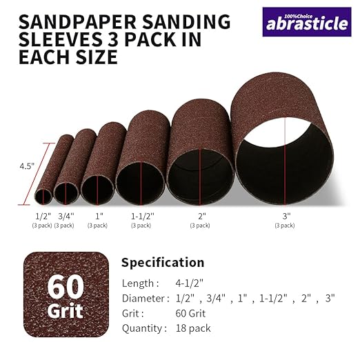 18 Pack Spindle Sander Sleeves, Sanding Sleeves for Oscillating Sander, 60 Grit Sandpaper, 4-1/2" Length, Each 3 of 1/2",3/4",1",1-1/2", 2", 3" Diameter