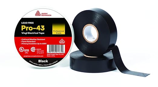 Avery Dennison Electrical Tape, Professional Grade PVC Electric Tape, UL/CSA Listed Insulating Vinyl Tape for Electrical, Repairs, Automotive and Equipment, Pro-43, ¾ in x 66 ft, Black, 1 Roll