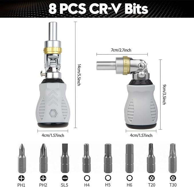 Ratcheting Screwdriver, Multi-Bit Screwdriver/Short Screw Drivers with Magnetic,Impact Rated 8pcs Tool with Phillips, Slotted and Torx,Hex Tips