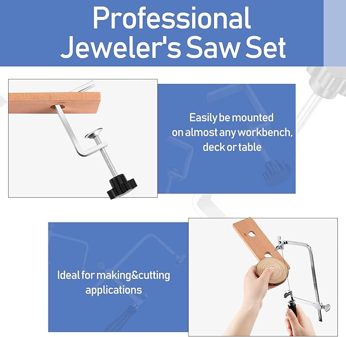 Jewelers Tools Set Including Jeweler Saw Frame Bench Pin Clamp Diamond Needle File Wooden Ring Clamp and Ring Sizer Mandrel Measuring Tool Jeweler's Mallet Hammer Stick for Jewelry Making
