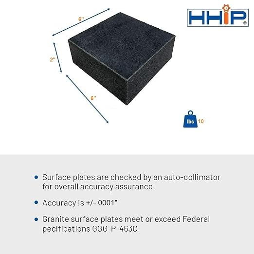 HHIP 4401-1596 6" X 6" X 2" Granite Surface Plate, Grade B, 0 Ledge