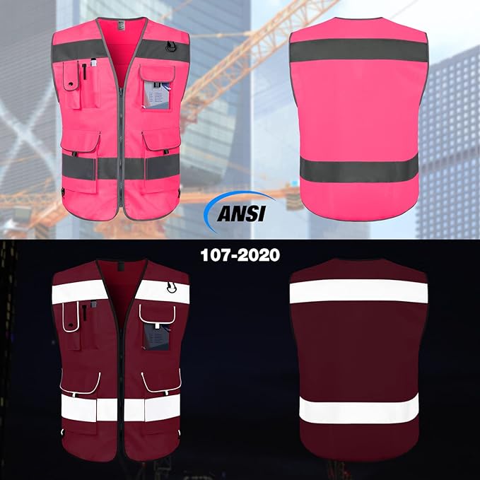 TCCFCCT Reflective Vest 9 Pockets High Visibility Safety Vest for Men Women, Hi Vis Construction Vest with Reflective Strips, Meets ANSI/ISEA Standards, (Pink, Small)